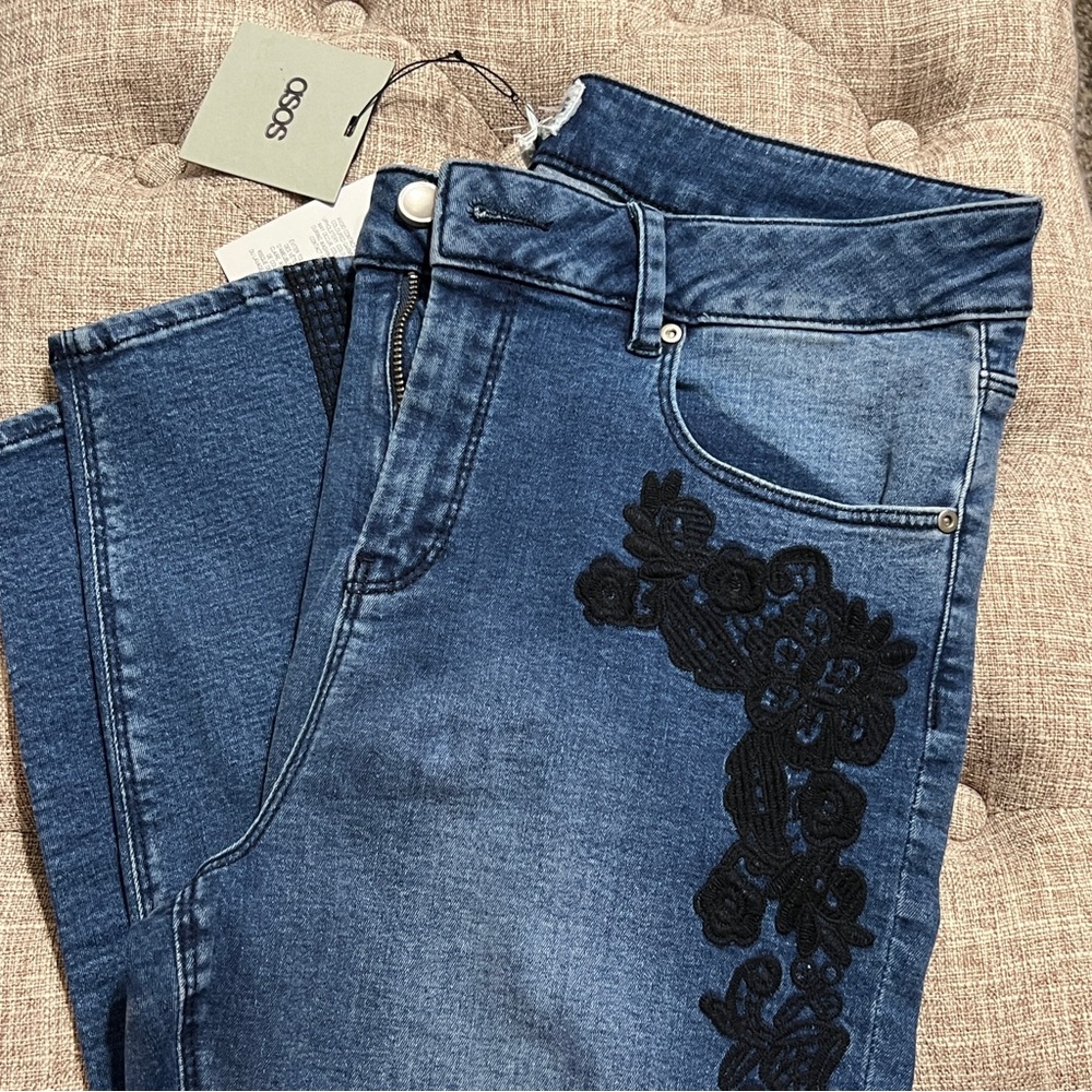 ASOS Women's Blue Jeans with Black Embroidery